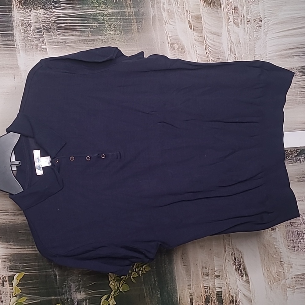 Lady Hagen Womens XL classic navy blue button snap short sleeve collared top